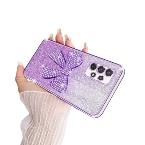 TSAYGFK Capa compatível com Galaxy A72 para meninas e mulheres, cristal TPU macio, brilhante, fofo, com glitter, laço 3D com cordão, capa protetora à prova de choque para Samsung A72 4G/5G, violeta