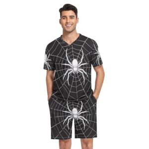 TSENQUE Conjunto de pijama masculino preto de teia de aranha branca, conjunto de pijama combinando com camisa e short macio, pequeno, Teia de aranha branca preta, P
