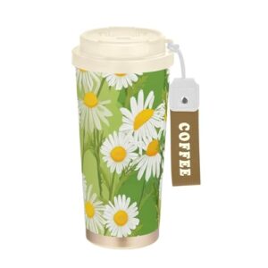 TSENQUE Margaridas brancas verde-claro bege copo isolado copo de café de aço inoxidável tampa dupla 500 ml