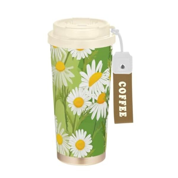 TSENQUE Margaridas brancas verde-claro bege copo isolado copo de café de aço inoxidável tampa dupla 500 ml