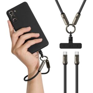 TUNKIA Cabo carregador de cordão para celular, cabo USB C PD240W para USB C, alça de pulso para celular, alça de telefone antiroubo, cordão de pulso para telefones iPhone/Samsung/Android (preto/300 cm