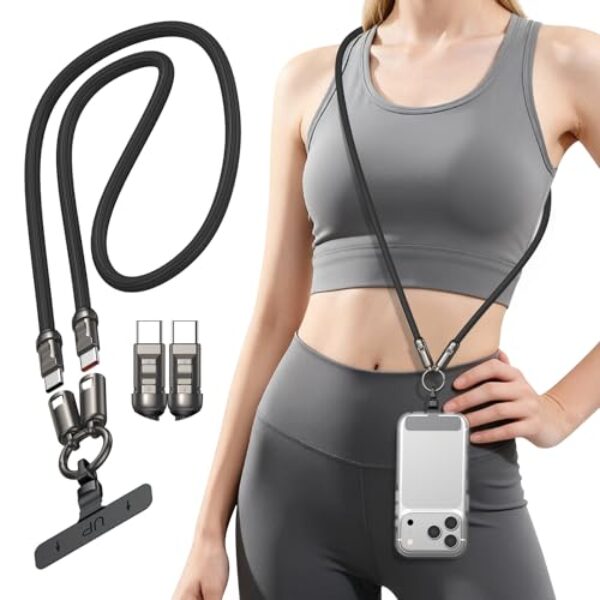 TUNKIA Cordão para celular, cabo USB C transversal PD240W, cabos USB C para USB C, alça antifurto, cordão universal de pescoço para celular iPhone/Samsung/Android (preto/1,2 m)