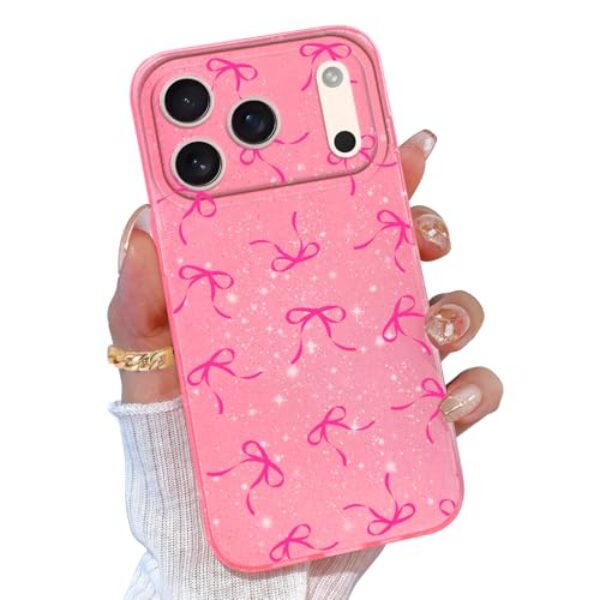 TURYXIA Capa compatível com iPhone 17 Pro Max rosa, capa de telefone com glitter para mulheres meninas e meninas, capa de telefone macia fina com laço fofo brilhante para iPhone 17 Pro Max, laço rosa