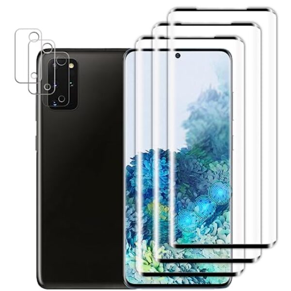 Tzstz 3 + 3 peças de protetor de tela de vidro temperado para Samsung Galaxy S20 Plus, protetor de tela de cobertura total 3D, sem bolhas, antiarranhões, película protetora de tela HD