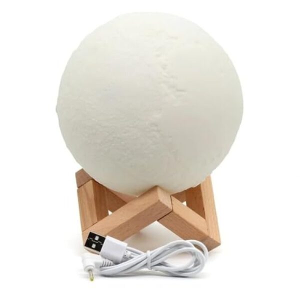 Umidificador Difusor de Ar em Forma de Lua, LED USB, Plástico ABS, 14cm, Base de Madeira, Controle Touch, Capacidade 1500ml, Branco, para Ambientes e Aromaterapia