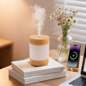 Umidificador portátil e difusor de aroma com suporte para telefone, névoa fria ultrassônica de 400 ml, alimentado por USB-C, operação silenciosa, luz noturna de LED dupla, desligamento automático