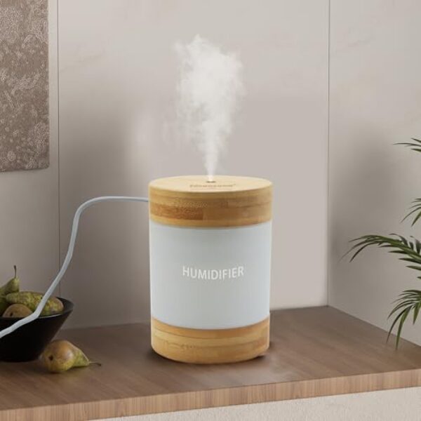 Umidificador ultrassônico de bambu com névoa fria – Hidratante de ar portátil silencioso de 400 ml com luz noturna de LED dupla, alimentado por USB-C, desligamento automático, design ecológico para