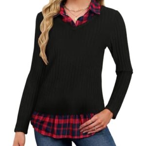 Unsenthy Suéteres de gola para mulheres, manga comprida, suéter, combo twofer tops 2 em 1, xadrez, patchwork em camadas, camisas, Xadrez preto e vermelho, M