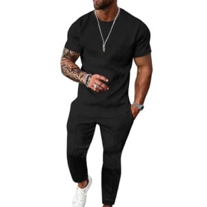 UOUA Conjunto de moletom masculino de 2 peças de moletom de manga curta para corrida, Preto, XGG