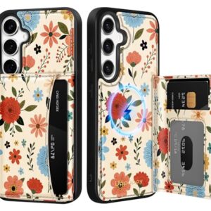 Uppuppy Capa para Samsung Galaxy S25/S24 com carteira - Compatível com MagSafe Cute Women Girls Design Estético Suporte de cartão de crédito Capa de telefone para Samsung S25/S24, flor bege