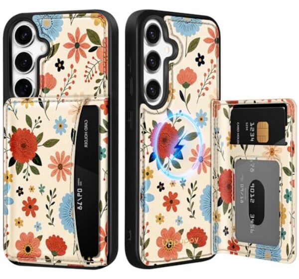 Uppuppy Capa para Samsung Galaxy S25/S24 com carteira - Compatível com MagSafe Cute Women Girls Design Estético Suporte de cartão de crédito Capa de telefone para Samsung S25/S24, flor bege