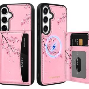 Uppuppy Capa para Samsung Galaxy S25/S24 com carteira - Compatível com MagSafe Cute Women Girls Design Estético Suporte de cartão de crédito Capa de telefone para Samsung S25/S24, flor de pêssego