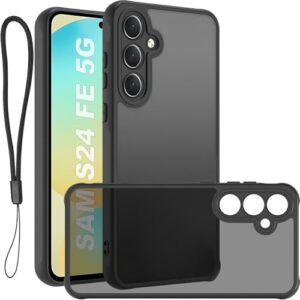 USTIYA FG Capa para Samsung Galaxy Case Matte Acrílico Uso Resistente Protetora de Câmera Capinha Acessórios para Celular com Cordão Preto (Samsung S24 FE 5G)