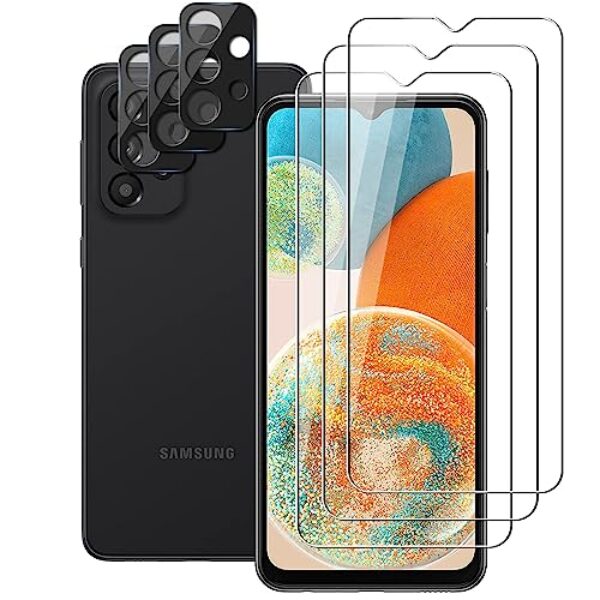UZWZW (3+3) Para Samsung Galaxy A23 5G / 4G (pacote com 3) Protetor de tela de vidro temperado com protetor de lente de câmera, antiarranhões, HD Clear