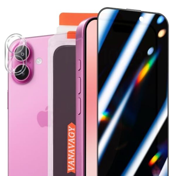 VANAVAGY Pacote com 2 protetores de tela de vidro de privacidade para iPhone 16 Plus, [2 protetores de lente de câmera] [fácil instalação] Película de revestimento com moldura cobertura total para