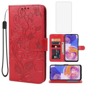 Vavies Capa para Galaxy A23, capa carteira para Samsung A23 SM-A235M com protetor de tela de vidro temperado, capa de couro floral com suporte para cartão de crédito para Samsung Galaxy A23 4G