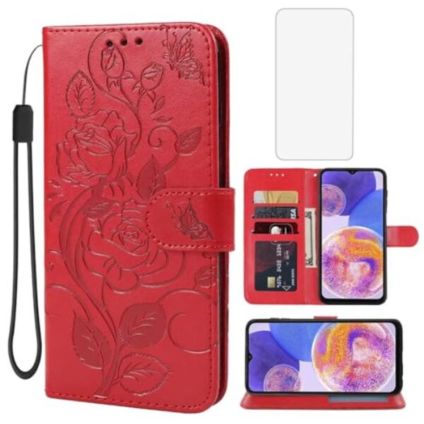 Vavies Capa para Galaxy A23, capa carteira para Samsung A23 SM-A235M com protetor de tela de vidro temperado, capa de couro floral com suporte para cartão de crédito para Samsung Galaxy A23 4G