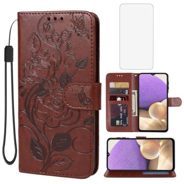 Vavies Capa para Galaxy A32 5G, capa carteira para Galaxy M32 5G SM-A326 com protetor de tela de vidro temperado, capa de couro floral com suporte para cartão de crédito para Samsung Galaxy A32 5G