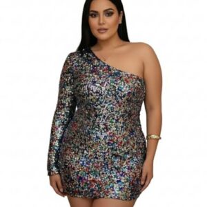 Vestido de Festa Curto Elegante com Brilho Festa Casamento Aniversário Plus Size-Vestido Preto Curto Colado Lantejoulas Colorido Ombro Só Luxo (BR, Alfa, 3G, Plus Size, Regular, Preto-Colorido)