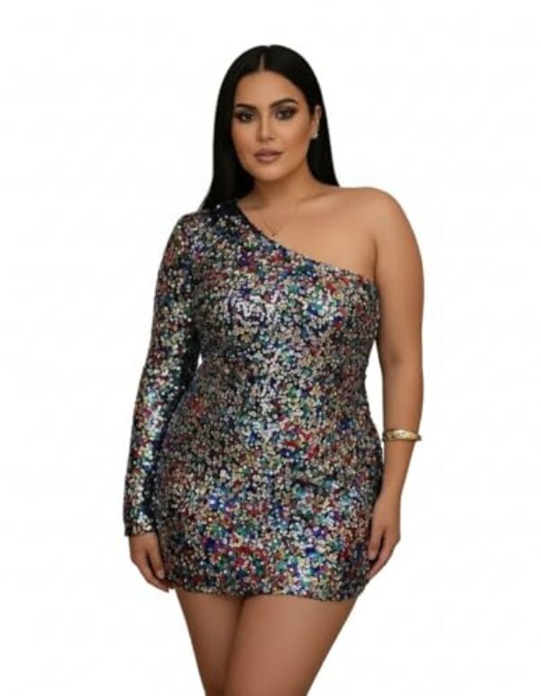 Vestido de Festa Curto Elegante com Brilho Festa Casamento Aniversário Plus Size-Vestido Preto Curto Colado Lantejoulas Colorido Ombro Só Luxo (BR, Alfa, 3G, Plus Size, Regular, Preto-Colorido)