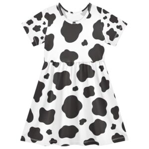 Vestidos infantis 2t preto com estampa de vaca branco clássico verão curto bonito vestido de praia infantil, Estampa de vaca preta branca clássica, 2 Anos