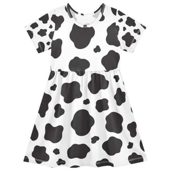Vestidos infantis 2t preto com estampa de vaca branco clássico verão curto bonito vestido de praia infantil, Estampa de vaca preta branca clássica, 2 Anos