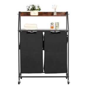 VEVOR Organizador de roupas com 2 camadas, cesto de roupa alta com moldura de metal e mesa de madeira, organizador de cesta de 2 seções com prateleiras de escada e sacos de pano Oxford 600D para