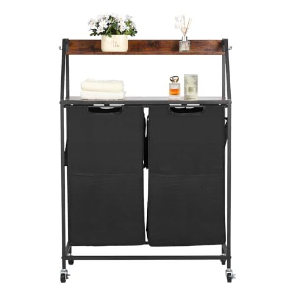 VEVOR Organizador de roupas com 2 camadas, cesto de roupa alta com moldura de metal e mesa de madeira, organizador de cesta de 2 seções com prateleiras de escada e sacos de pano Oxford 600D para