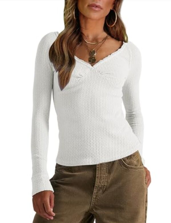 Vivitulip Camisetas femininas de manga comprida, gola V profunda, casuais, básicas, Branco, G