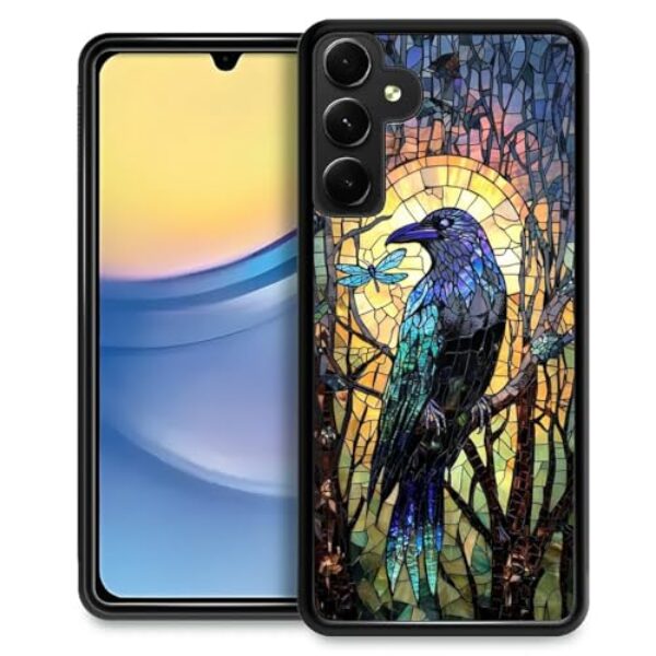 WANKBLC Compatível com Samsung Galaxy A15, proteção à prova de choque para homens mulheres antiderrapante para Samsung Galaxy A15 Crazy Pattern Vitral Window Artwork Blue Crow