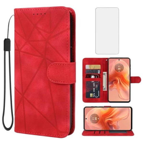 Wanyuexes Capa para Moto G24 4G/Moto G04/Moto E14/Moto G04S XT2421-2 Capa carteira com protetor de tela de vidro temperado, suporte para cartão de crédito de couro para Motorola Moto G24 4G vermelho