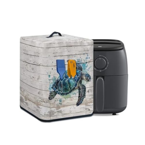 Wanzuoeng Capa de fritadeira de ar, capa de forno de fritadeira a ar com estampa de madeira de tartaruga marinha com bolsos e alça, capa universal para aparelho de fritadeira a ar, decoração de