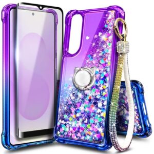 WDHD Capa compatível com Samsung Galaxy S25-Edge roxa/azul | Capa de telefone fofa com líquido flutuante com glitter com protetor de tela de vidro temperado e suporte de anel e cordão de pulso de
