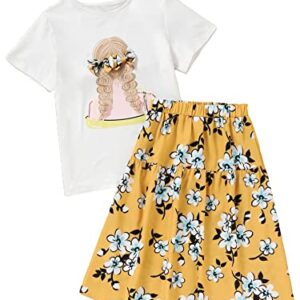 WDIRARA Conjunto de 2 peças para meninas, camiseta com gola redonda e saia com estampa floral, Branco e amarelo, 10 Anos