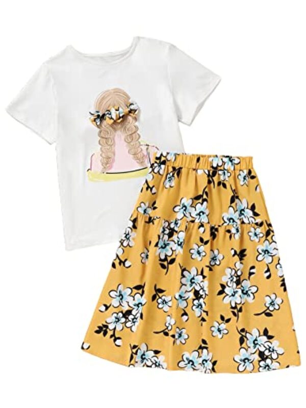 WDIRARA Conjunto de 2 peças para meninas, camiseta com gola redonda e saia com estampa floral, Branco e amarelo, 10 Anos