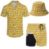 Wdpsuxin Conjunto de 2 peças de agasalho masculino havaiano com botões e shorts de compressão com chapéus bucket, Pato1018, 3G