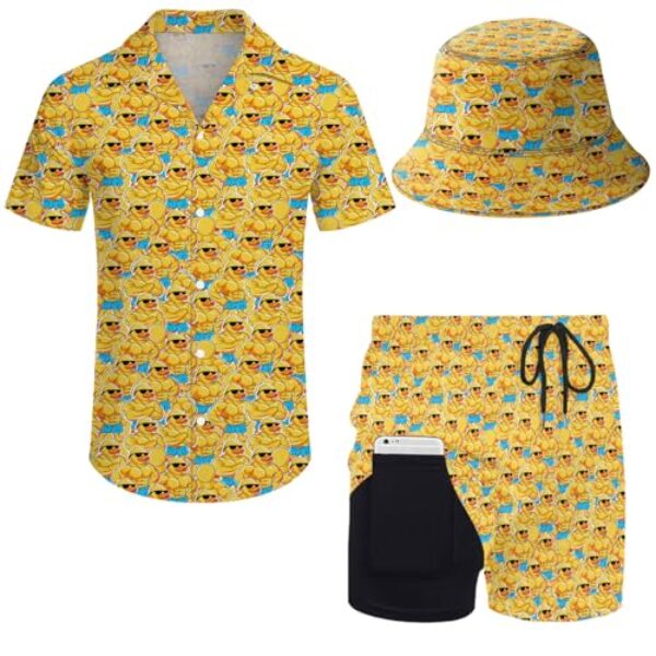 Wdpsuxin Conjunto de 2 peças de agasalho masculino havaiano com botões e shorts de compressão com chapéus bucket, Pato1018, 3G