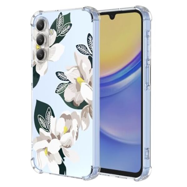 WEIOUHR Capa para Galaxy A15 5G Samsung A15 5G transparente TPU macio design de flor branca, à prova de choque, resistente a arranhões, capa protetora leve, para Samsung Galaxy A15 5G (Magnólia)