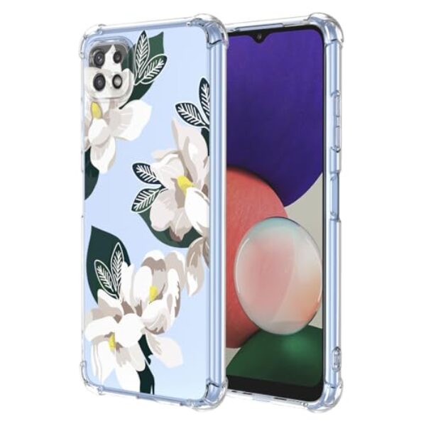 WEIOUHR Capa para Galaxy A22 5G Samsung A22 5G Transparente TPU Macio Design Flor Branca, À Prova de Choque Resistente a Riscos, Capa Protetora Leve, para Samsung Galaxy A22 5G (Magnólia)