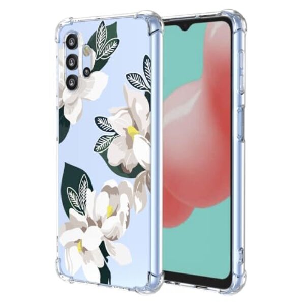 WEIOUHR Capa para Galaxy A32 5G Samsung A32 5G transparente macio TPU design de flor branca, à prova de choque, resistente a arranhões, capa protetora leve, para Samsung Galaxy A32 5G (Magnólia)