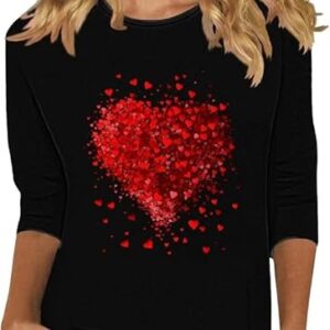 Woffccrd Camisetas femininas de manga 3/4 com gola redonda, dia dos namorados, camisetas estampadas com estampa de coração, 2, preto, P
