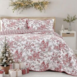 Wonderful Conjunto de colcha floral vermelha 100% algodão, conjunto de cama casal com fronhas, 3 peças, cobertor floral acolchoado, capa de cama fina para todas as estações