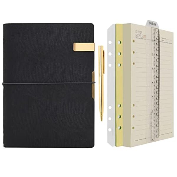 Wonderpool A5 Caderno de couro recarregável para viajantes, caderno de papel forrado com caneta, diário de escrita para escritório de viagem e plano de agenda (A5, preto)