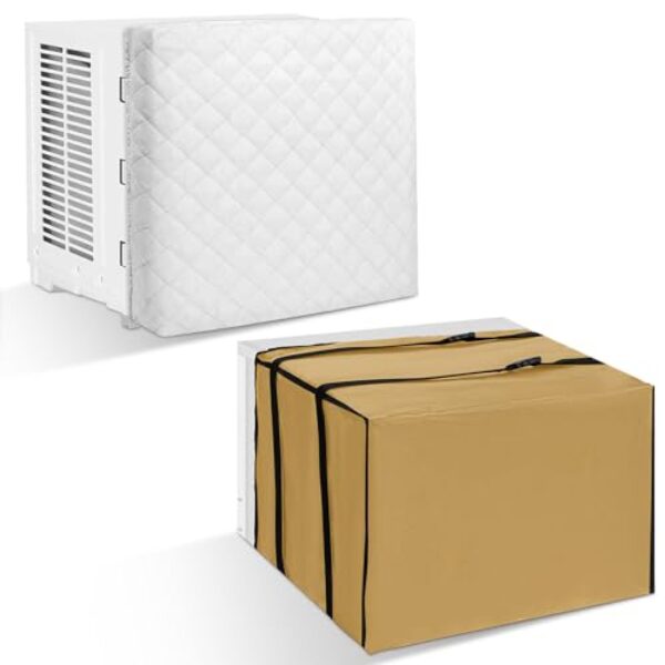 Wovnet 2 peças de capa de ar-condicionado para janela interna e externa ajustável à prova d'água com cordão para o inverno (branco e cáqui, dentro 53 x 38 x 9 cm, fora 53 x 40 x 38 cm)