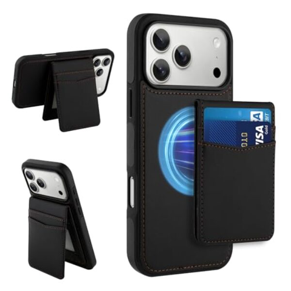 WPCase Capa carteira para iPhone 17 Pro Max [compatível com MagSafe] com suporte magnético para cartão para homens e mulheres, capa protetora de couro preto para iPhone 17 Pro Max com suporte para