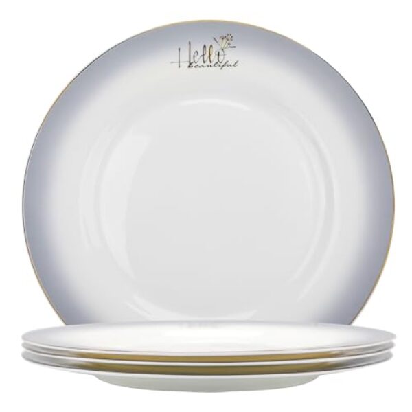 Wpslnwo Conjunto de louça porcelana fina osso chinês, pratos de salada 8 polegadas 4 peças moda cinza dourado bordas conjuntos de talheres de porcelana de para 4 pessoas com embalagem de caixa de presente