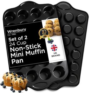 Wrenbury Conjunto de 2 mini formas de muffin não tóxicas - Bandeja antiaderente de 24 xícaras para cupcake pequena para assar mordidas alegres - Adequado para lava-louças - Assar consciente da saúde