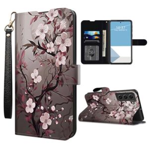 WZCJDHMJ Capa carteira para Samsung Galaxy S21 FE 5G com suporte para cartão de crédito alça de pulso destacável, capa de telefone flip magnética de couro PU para Samsung S21 FE 5G-flor de ameixa