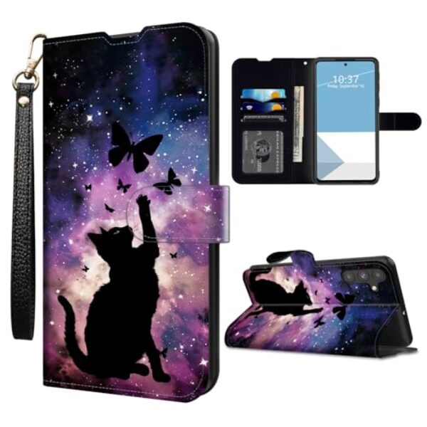 WZCJDHMJ Capa carteira para Samsung Galaxy S25 FE com suporte para cartão de crédito alça de pulso destacável, capa de telefone flip magnética de couro PU 6,7 polegadas 2025-gato astral