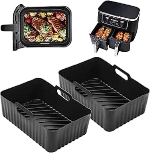 Xaarmonex Grandes forros de silicone para fritadeira Ninja AF451UK/AF400UK/SL400UK 9,5L/torre 9L/EMtronics para todas as fritadeiras de ar duplo de 8,5-9,5L, 2 bandejas reutilizáveis para fritadeira a